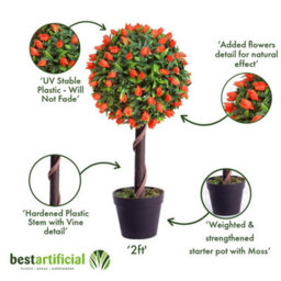 Best Artificial 2Ft / 60Cm Orange Tulip Ball Tree Plant Garden Office Conservatory Tropical Indoor Outdoor - thumbnail 4