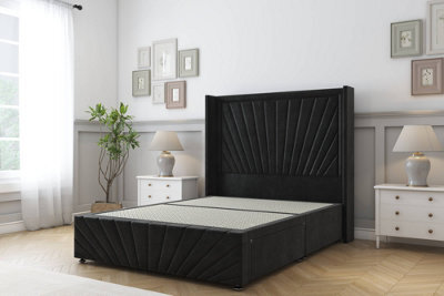 "Sloomy Rutherford Black Plush Divan Bedno Drawers - 54"" Wingback Headboard & 12""footboard 2'6 Small Single" - image 1