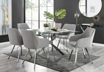 Furniturebox Uk Leonardo Glass And Chrome Metal Dining Table And 6 Light Grey Falun Fabric Silver Leg Chairs - image 1