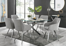 Furniturebox Uk Leonardo Glass And Chrome Metal Dining Table And 6 Light Grey Falun Fabric Silver Leg Chairs - thumbnail 1
