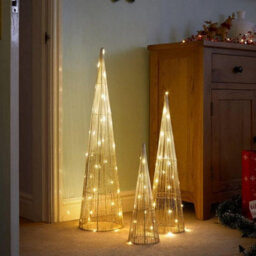3Pc Christmas Tree Decoration Cone Set Gold Pre-Lit Led Xmas Home Festive Decor - thumbnail 2