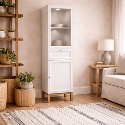 Wyld Haus Niva Light Grey And Natural Oak Effect Display Cabinet With Led Lighting 2 Doors 1 Drawer - image 1