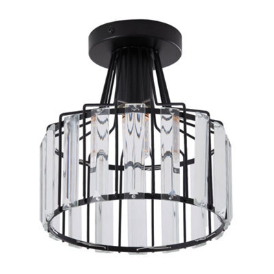 Thehotsale E27 Black Modern Flush Mount Crystal Ceiling Light With Geometric Metal Rod Shade, 60W - image 1