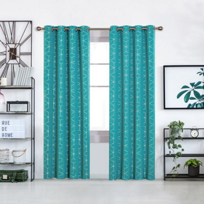 Deconovo Eyelet Curtains Gold Diamond Printed Blackout Curtains For Bedroom, 52 X 84 Inch, Turquoise, One Pair - image 1