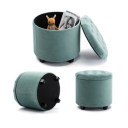 Hnnhome 45Cm Round Light Green Velvet Padded Seat Ottoman Storage Stool Box, Footstool Pouffes Chair With Lids - thumbnail 4