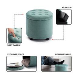 Hnnhome 45Cm Round Light Green Velvet Padded Seat Ottoman Storage Stool Box, Footstool Pouffes Chair With Lids - thumbnail 2