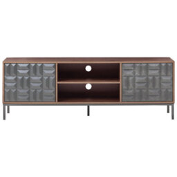 Wyld And Coco Dark Brown Tv Stand With Two Doors And Open Shelves, Geometric Pattern, Metal Legs - thumbnail 1