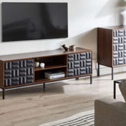 Wyld And Coco Dark Brown Tv Stand With Two Doors And Open Shelves, Geometric Pattern, Metal Legs - thumbnail 2