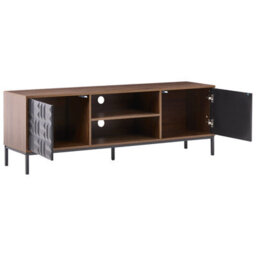 Wyld And Coco Dark Brown Tv Stand With Two Doors And Open Shelves, Geometric Pattern, Metal Legs - thumbnail 5