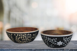 Artisan Furniture Solid Wood Floral Resin Inlay Bowl Set
