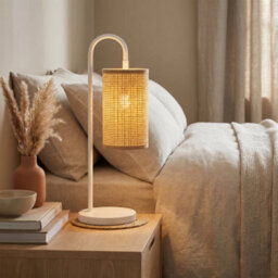 Happy Homewares Vintage Classic White Gloss Table Lamp With Tubular Woven Rattan Shade - thumbnail 6