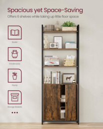 Songmics Shelving Unit, 6-Tier Tall Bookcase, Bookshelf With Door, Metal Frame, Adjustable Shelves, Rustic Brown And Ink Black - thumbnail 3