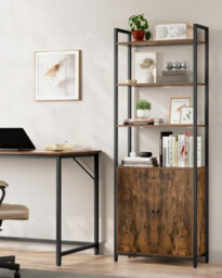 Shelving Unit, 6-Tier Tall Bookcase, Bookshelf With Door, Metal Frame, Adjustable Shelves, Rustic Brown And Ink Black