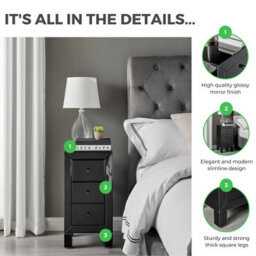 Furniturebox Uk Lexi Contemporary Black Mirrored Bedside Table Side Table Bedroom Cabinet Modern Slimline 3 Drawer Reflective - thumbnail 6