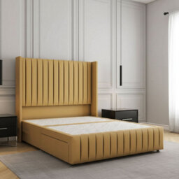 REGIONAL FURNISHINGS Divan Bed Set Mustard Plush Velvet Upholstered 54Inch Headboard & Footboard 2Drawers Footend & No Mattress In 4Ft 4Ft6 5Ft 6Ft