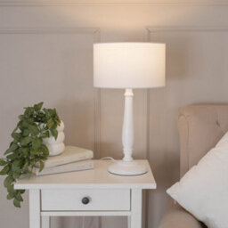 Valuelights Victoria Traditional White Wood Candlestick Table Lamp With White Drum Shade