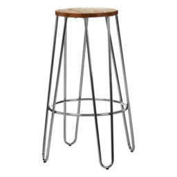 Orsina Versatile Chrome Metal And Elm Wood Round Bar Stool, Hairpin Stool, Sturdy Stool For Bar, Kitchen Counter, - thumbnail 1