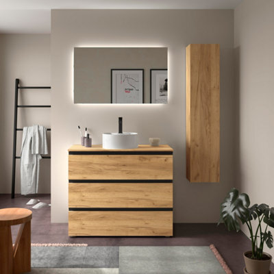 Cygnus bath Bequia Metal 3C Vanity Unit 100Cm Oak Worktop Basin Ceramic - image 1