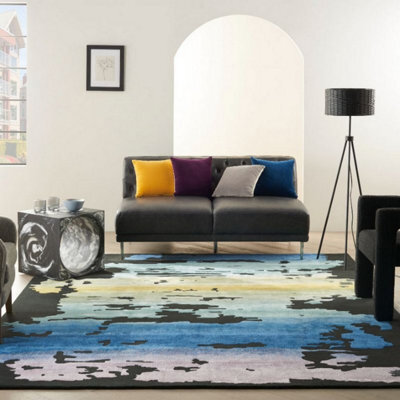 Black Multicolour Wool Modern Luxurious Easy To Clean Handmade Abstract Dining Room Bedroom And Living Room Rug -114Cm X 175Cm