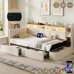 Abrihome 3Ft Single Led Daybed With Storage Drawers And Bed End Ottoman, Modern Linen Sofa Bed With Charging Station, 90X190 Cm Beige - thumbnail 5