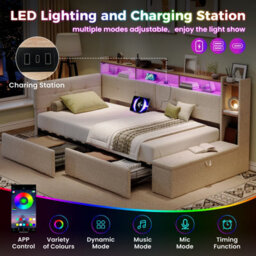 Abrihome 3Ft Single Led Daybed With Storage Drawers And Bed End Ottoman, Modern Linen Sofa Bed With Charging Station, 90X190 Cm Beige - thumbnail 4