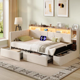 Abrihome 3Ft Single Led Daybed With Storage Drawers And Bed End Ottoman, Modern Linen Sofa Bed With Charging Station, 90X190 Cm Beige - thumbnail 1