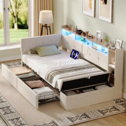 Abrihome 3Ft Single Led Daybed With Storage Drawers And Bed End Ottoman, Modern Linen Sofa Bed With Charging Station, 90X190 Cm Beige - thumbnail 7
