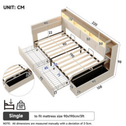 Abrihome 3Ft Single Led Daybed With Storage Drawers And Bed End Ottoman, Modern Linen Sofa Bed With Charging Station, 90X190 Cm Beige - thumbnail 6