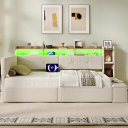 Abrihome 3Ft Single Led Daybed With Storage Drawers And Bed End Ottoman, Modern Linen Sofa Bed With Charging Station, 90X190 Cm Beige - thumbnail 8