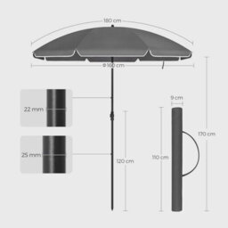 Songmics Parasol, Portable Beach Umbrella With Octagonal Canopy And Tilt Feature, Fibreglass Ribs, With Carrying Bag, Grey - thumbnail 2