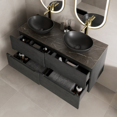 Aveli 1200mm Grey Marble Fluted Vanity Unit Double Oval Basin Wall Hung Soft Close - image 1