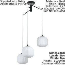 Elegant Black 3 Bulb Pendant Ceiling Light With White Ridged Glass Shades - thumbnail 2