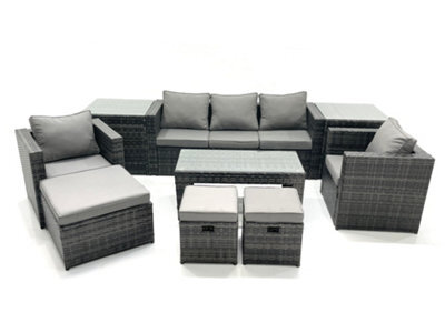 Fimous 8 Seater Rattan Garden Furniture Set Outdoor Lounger Sofa With Coffee Table 3 Footstools 2 Side Tables Dark Grey Mixed - image 1