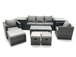Fimous 8 Seater Rattan Garden Furniture Set Outdoor Lounger Sofa With Coffee Table 3 Footstools 2 Side Tables Dark Grey Mixed - thumbnail 1