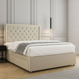 REGIONAL FURNISHINGS Divan Bed Set Cream Plush Velvet Upholstered 24Inch Headboard & Mattress No Drawers In Single Double King 4Ft 6Ft Sizes - thumbnail 2