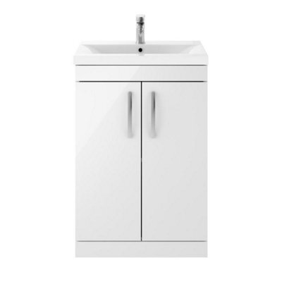 Dezine Hamble 600mm Gloss White Floor Standing 2 Door Vanity Unit, With Basin - image 1