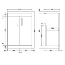 Dezine Hamble 600mm Gloss White Floor Standing 2 Door Vanity Unit, With Basin - thumbnail 4