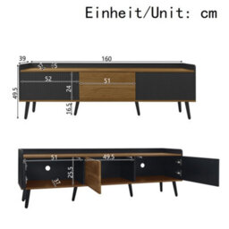 Btm Tv Cabinet Tv Stand Three Door Base Cabinet Compact Design Black And Natural Wood 160X39X49.5Cm - thumbnail 5