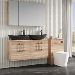 Nuie Arno Wall Hung 4-Door Vanity & Bleached Cuneo Oak Worktop, Stylish Counter Top Vanity Unit In Bleached Oak, 1200mm - thumbnail 3