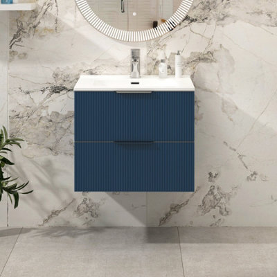 Royal Bathrooms Evora 600mm Midnight Blue Fluted Wall Hung Bathroom Vanity Unit 2 Drawer Cabinet Storage With Ceramic Basin Sink - 1 Tap Hole - image 1