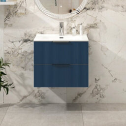 Royal Bathrooms Evora 600mm Midnight Blue Fluted Wall Hung Bathroom Vanity Unit 2 Drawer Cabinet Storage With Ceramic Basin Sink - 1 Tap Hole