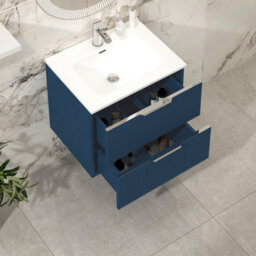 Royal Bathrooms Evora 600mm Midnight Blue Fluted Wall Hung Bathroom Vanity Unit 2 Drawer Cabinet Storage With Ceramic Basin Sink - 1 Tap Hole - thumbnail 3