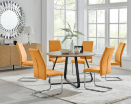 Furniturebox Uk Santorini Brown Wood Effect Round Dining Table & 6 Mustard Lorenzo Chairs