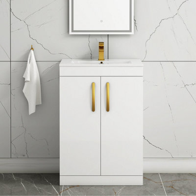 Royal Bathrooms Turin Gloss White 600mm Floor Standing Vanity Unit 2 Door With Minimalist Basin Sink & Brushed Brass Handles - image 1