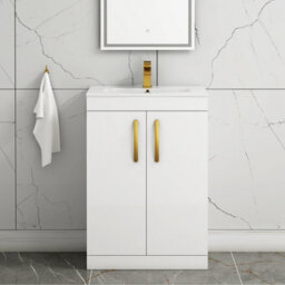 Royal Bathrooms Turin Gloss White 600mm Floor Standing Vanity Unit 2 Door With Minimalist Basin Sink & Brushed Brass Handles