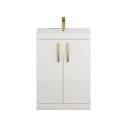 Royal Bathrooms Turin Gloss White 600mm Floor Standing Vanity Unit 2 Door With Minimalist Basin Sink & Brushed Brass Handles - thumbnail 6