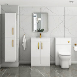 Royal Bathrooms Turin Gloss White 600mm Floor Standing Vanity Unit 2 Door With Minimalist Basin Sink & Brushed Brass Handles - thumbnail 4
