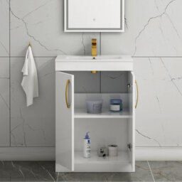 Royal Bathrooms Turin Gloss White 600mm Floor Standing Vanity Unit 2 Door With Minimalist Basin Sink & Brushed Brass Handles - thumbnail 5