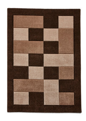 Brown Beige Chequered Rug, 10mm Thickness Bordered Rug, Geometric Modern Rug For Bedroom, & Dining Room-60Cm X 120Cm - image 1
