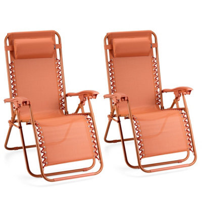Vonhaus Zero Gravity Chairs Set Of 2, Orange Reclining Sun Loungers For Garden, Textilene Folding Garden Chairs